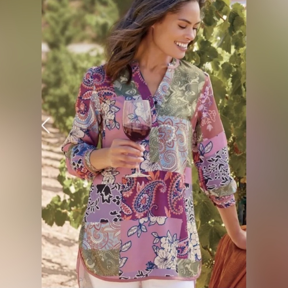 Soft Surroundings Alvadore Fleur Boho Floral Tunic Top Petite Small PS
